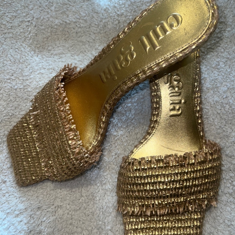 Cult Gaia Gold Heels with Crystal Embellishments